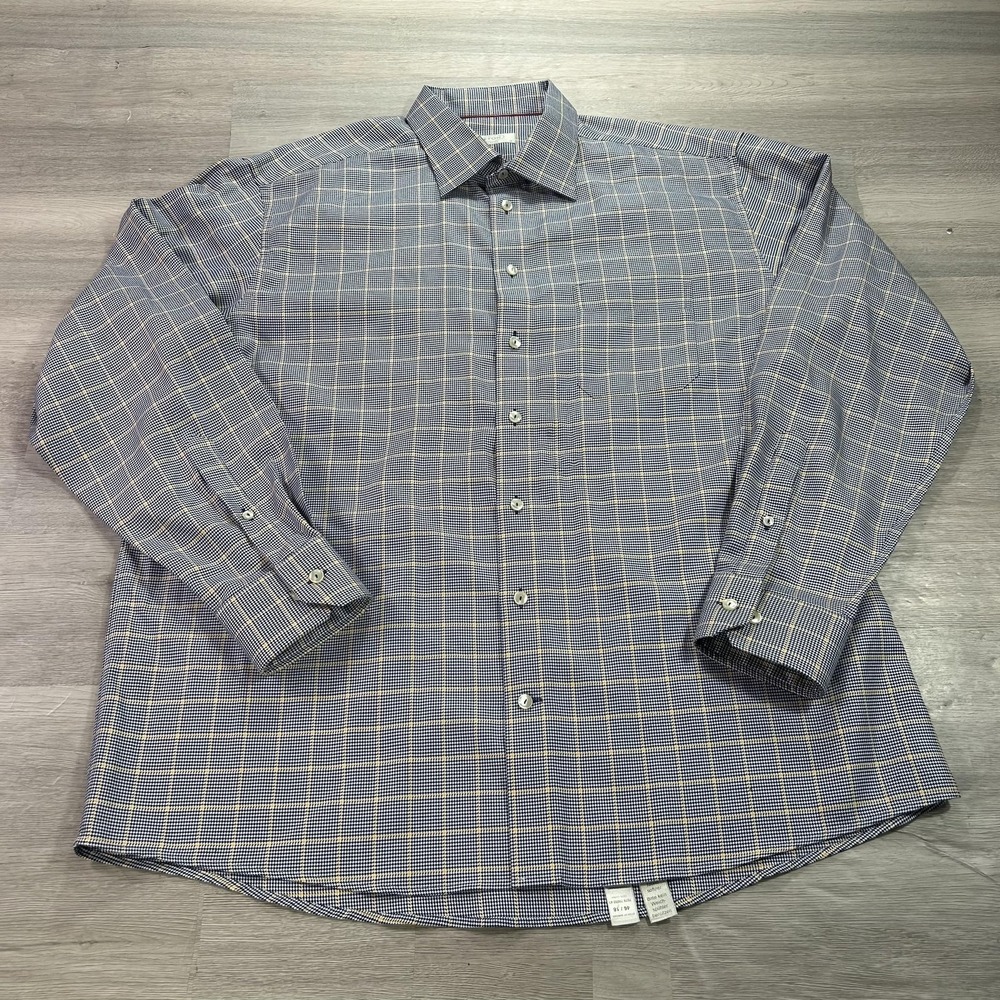 Eton Shirt Mens 18 46 Blue Plaid Classic Fit 100% Cotton Dress Long Sleeve